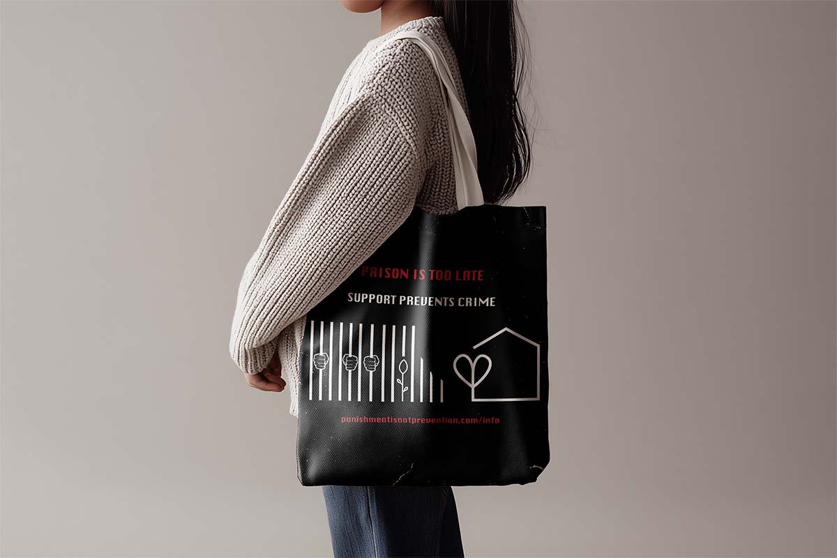 Black tote bag mockup featuring the Punishment is Not Prevention campaign logo