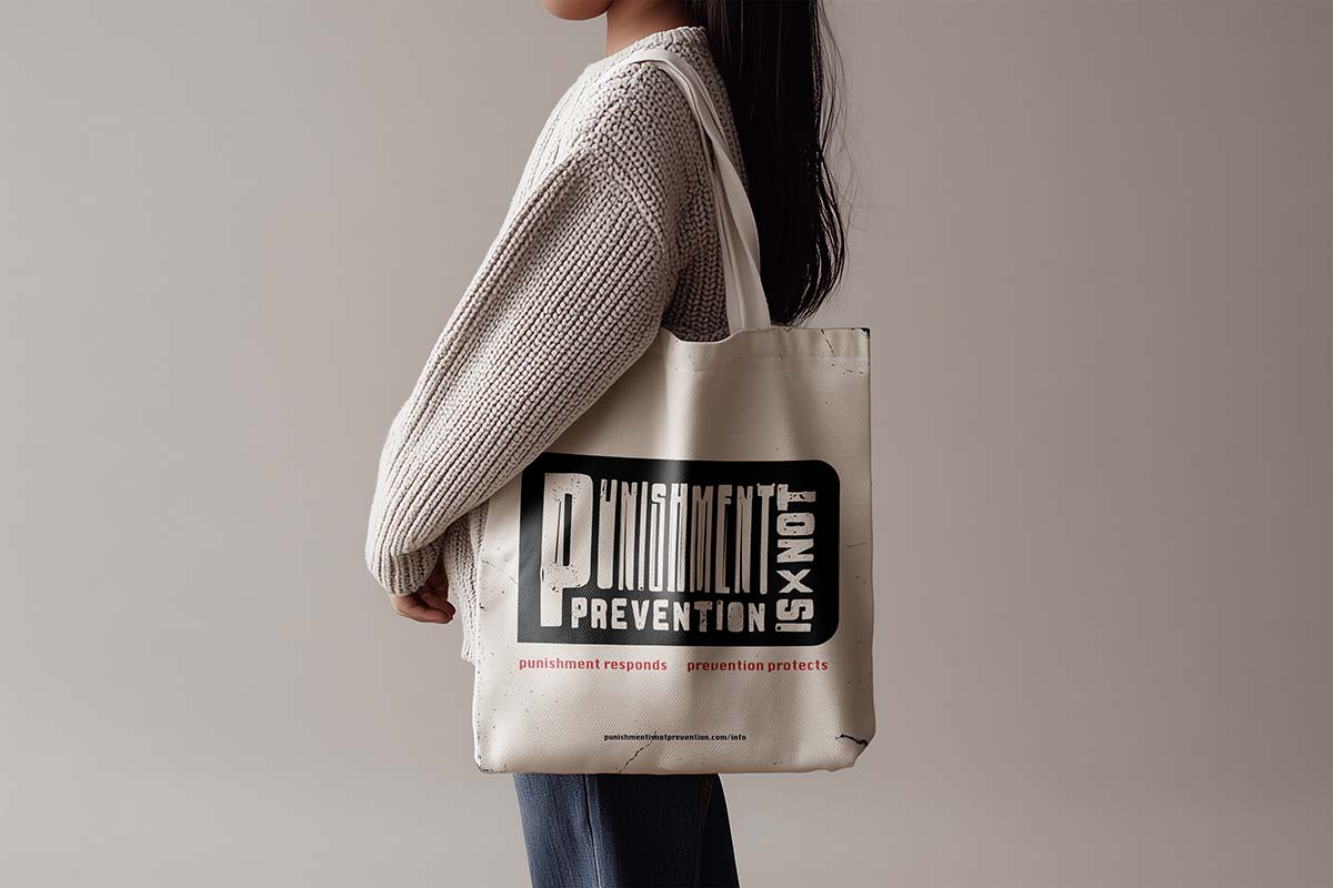 Canvas tote bag with campaign artwork and prevention messaging