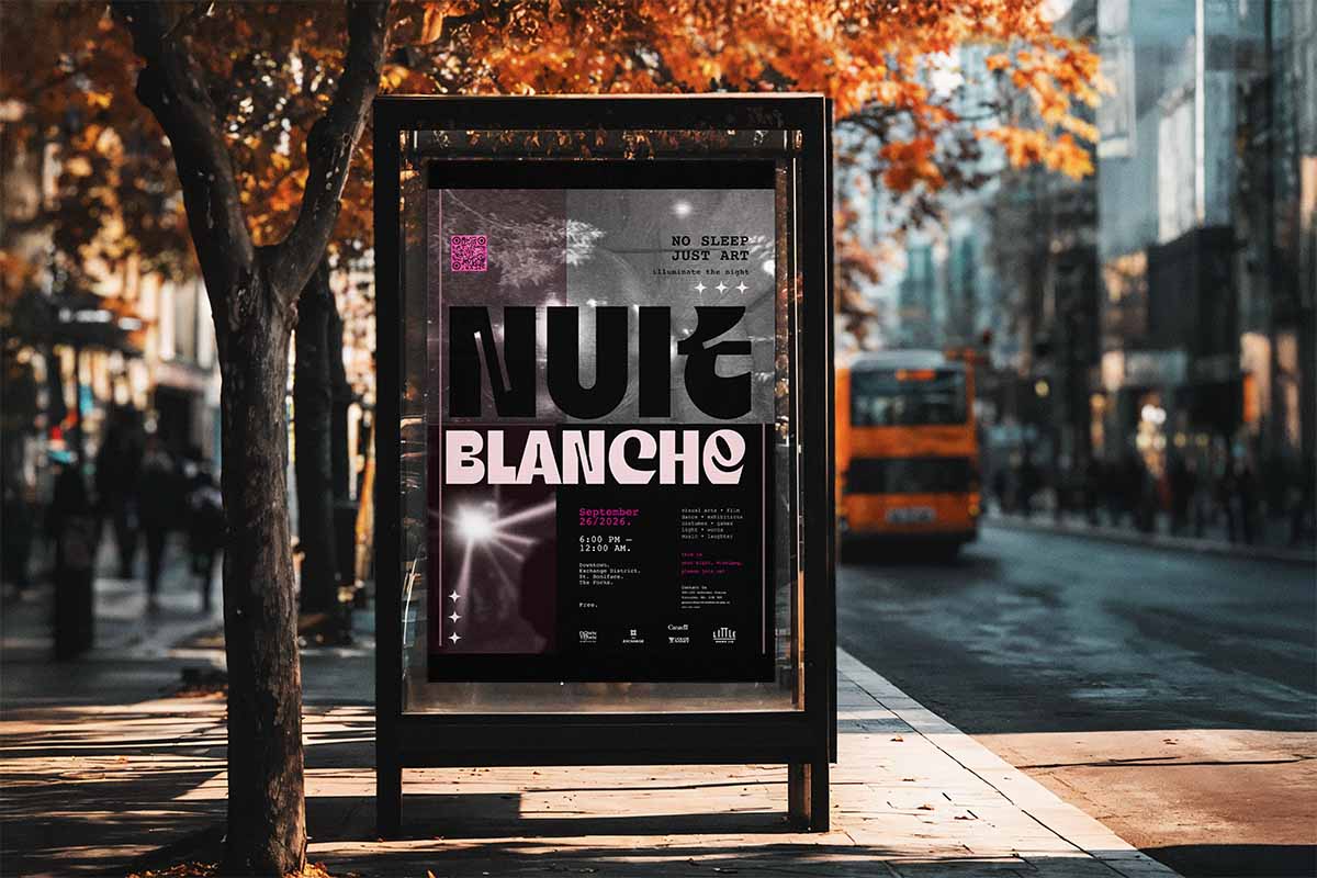 Nuit Blanche poster displayed in a bus shelter