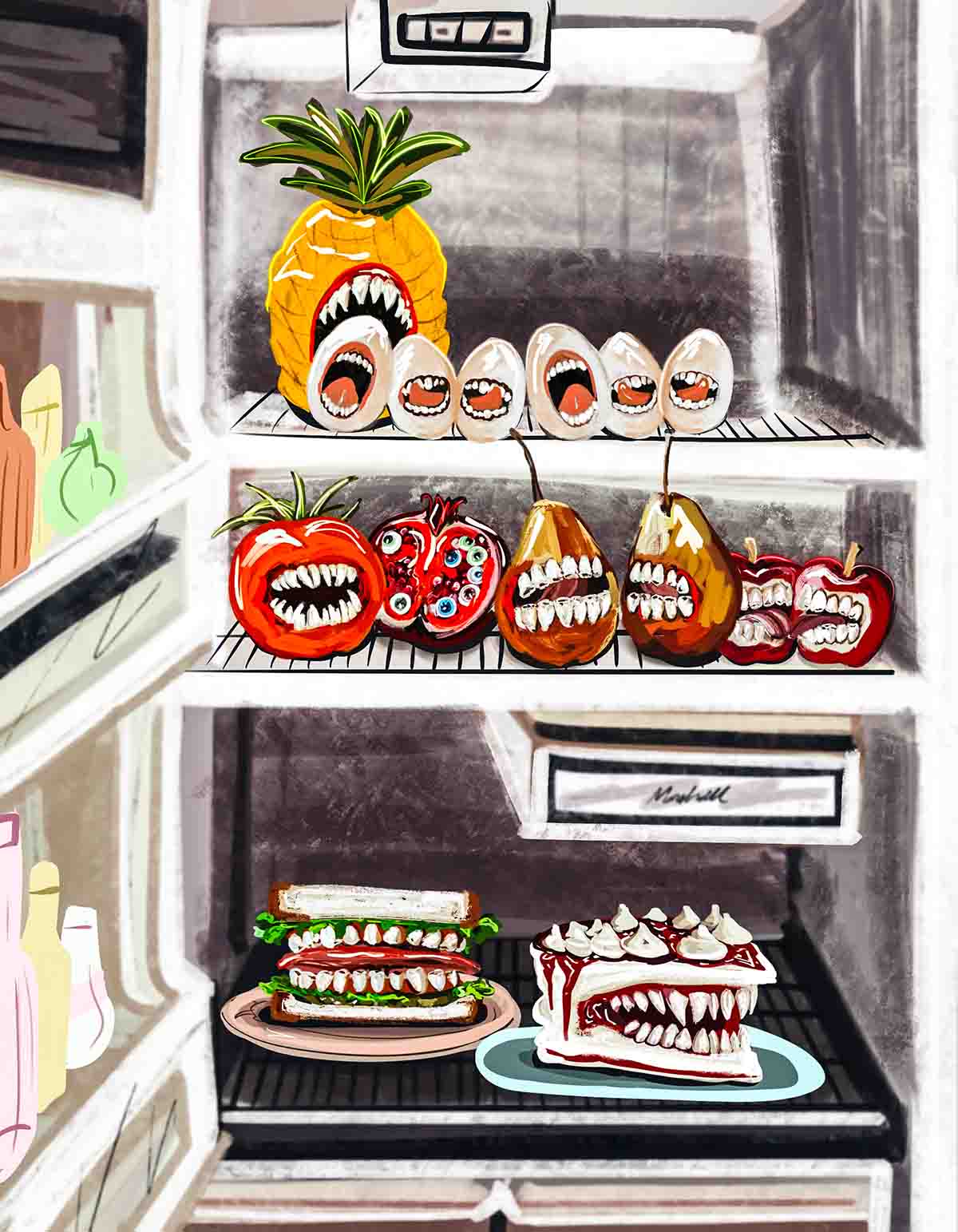 fridge contents with dripping teeth and human eyes