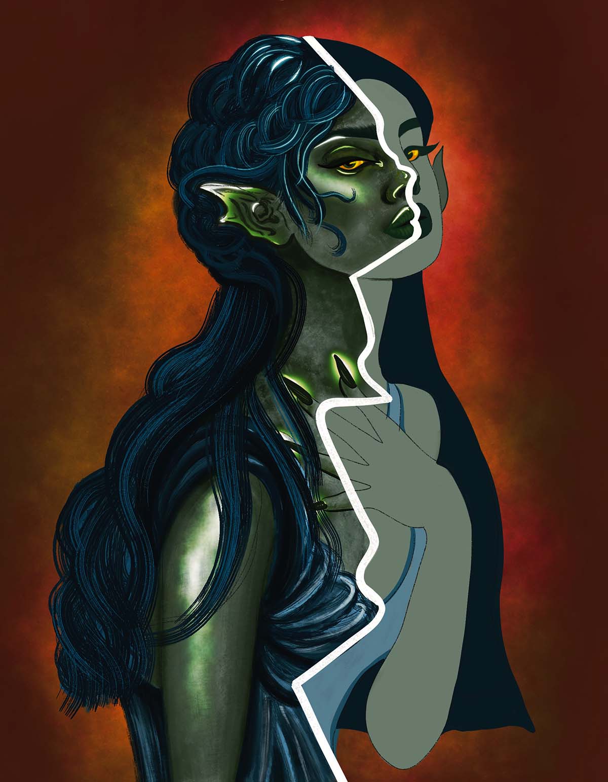 green elven character split into 2 illustrative styles.